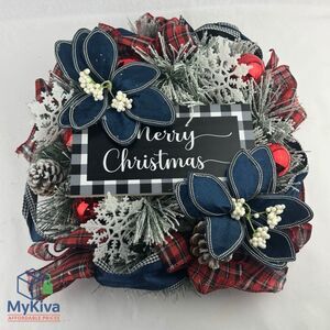 Christmas Wreath Front Door Decor 18 Inch Artificial Flowers Plaid Ribbon Sign